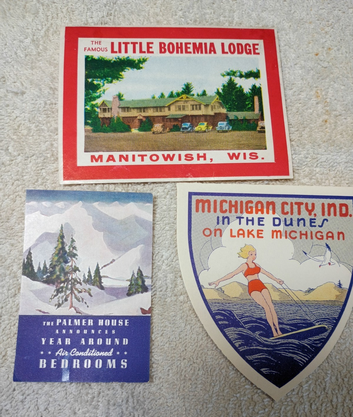 Michigan city dunes , Palmer house Bohemia lodge 3pc lot luggage label decals
