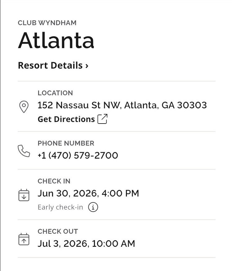 Club Wyndham Atlanta presidential 1BR 1BA 4Guests June 30 – July 3